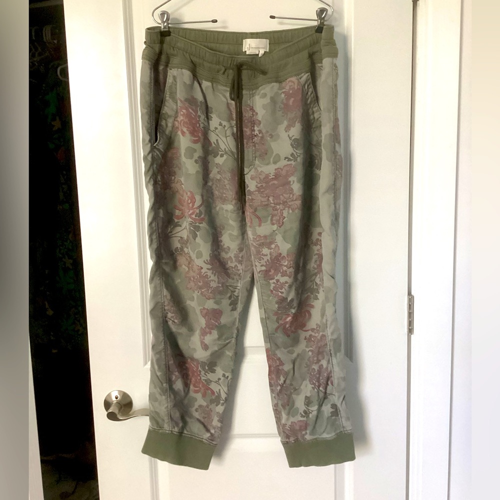 Anthropologie Green Floral Drawstring Joggers